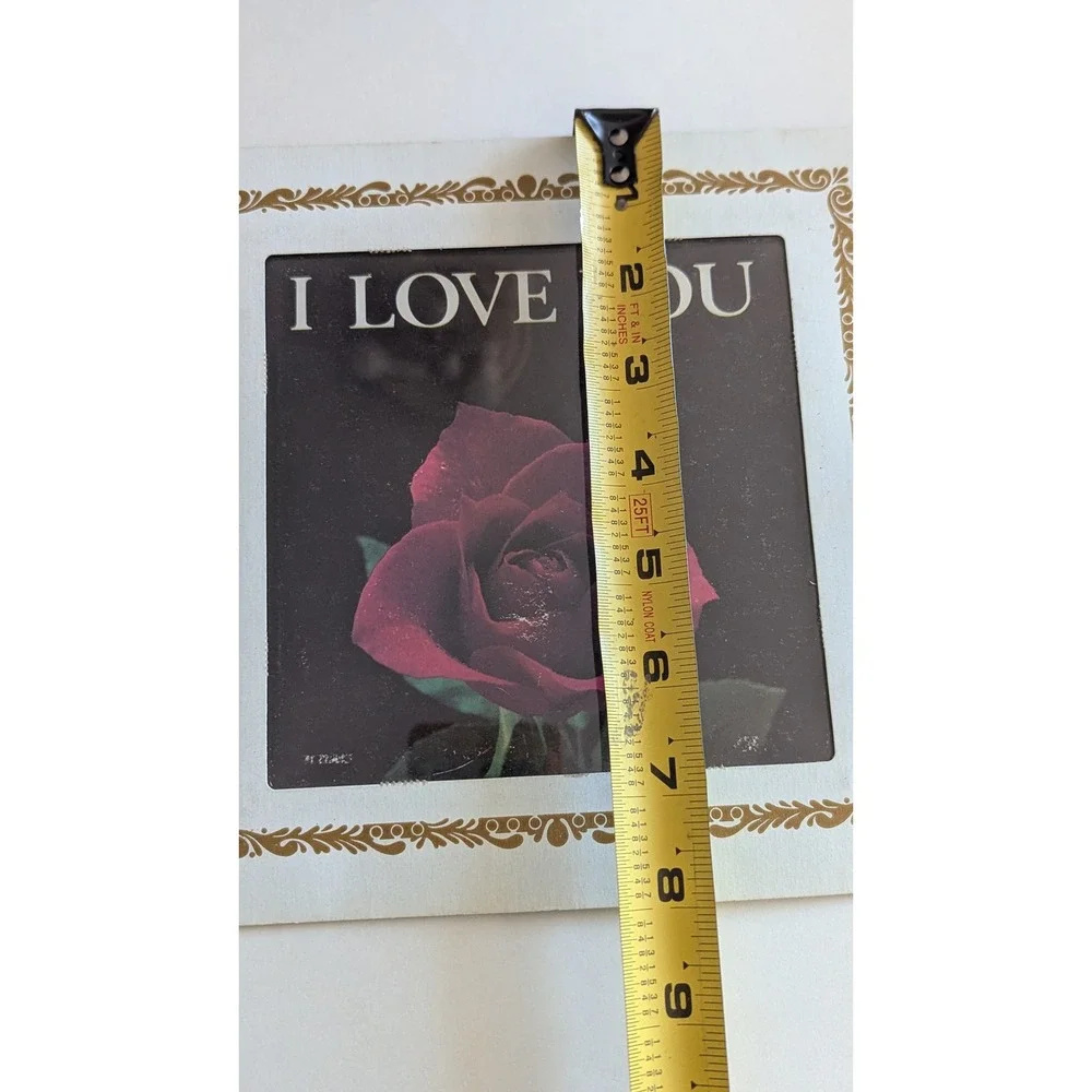 Vintage 80s I Love You Red Rose Wall Art Gold Filigree Border 8x8 Cardboard